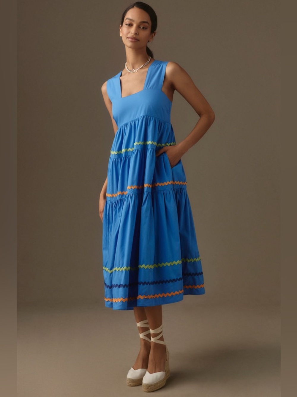 Maeve Anthropologie Blue Tiered Maxi Dress with Multicolor Ric Rac - Picture 3 of 5